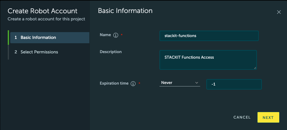Basic Information screen of the Robot Account interface, with the name set to “stackit-functions”, description set to “STACKIT Functions Access”, and expiration time set to “Never” / -1